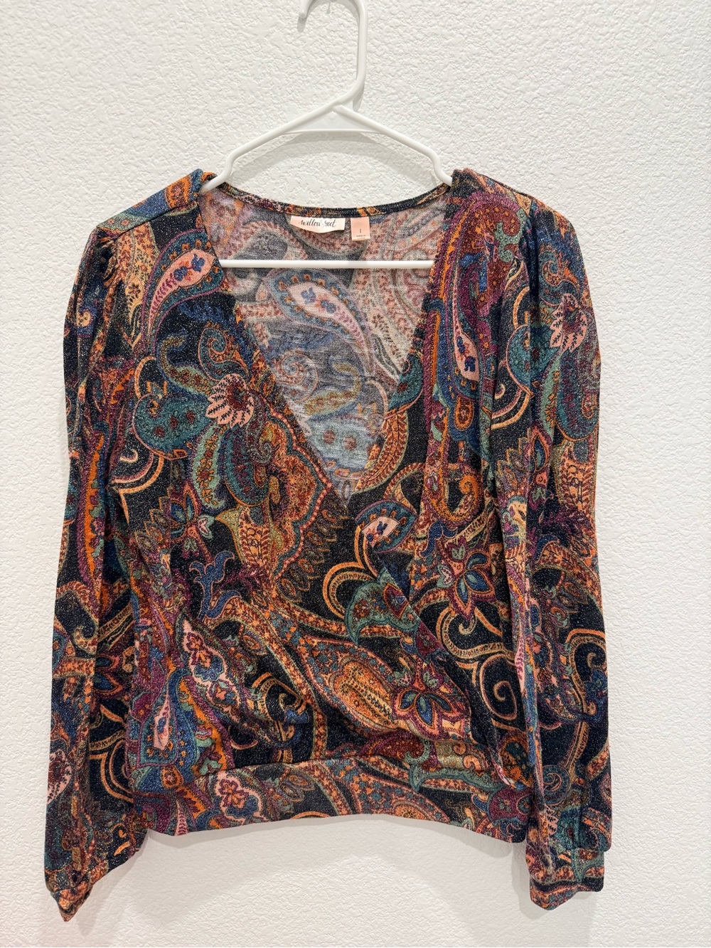 Willow & Root Metallic Paisley Faux Wrap Top Large